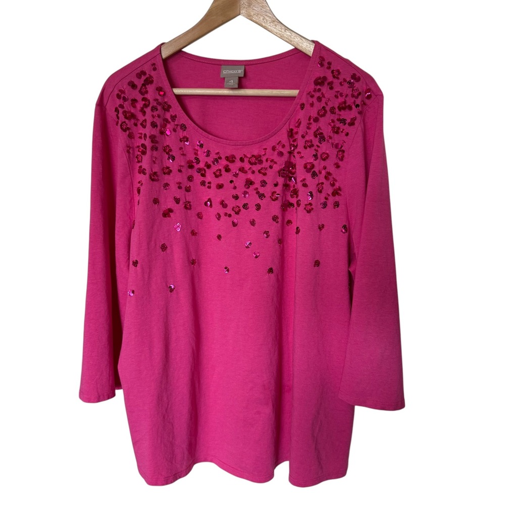 Chico's Sequin Embellished Top Women Size 4 Pink Excellent 3/4 Sleeve Scoop Neck